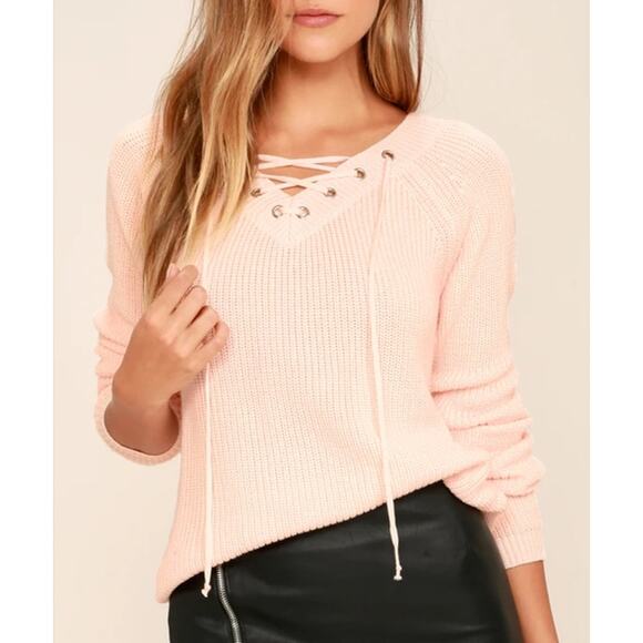 Lulus Welcome Home Peach Lace Up Sweater - Picture 1 of 9